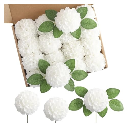 Hortensia Artificielle Lot de 25 fleurs d'hortensia artificielles avec tiges, fausse mousse, dahlia, décoration de fête de mariage, boule de chrysanthème, décoration d'intérieur(White no box)