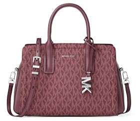 Michael Kors Laila Small Satchel, Silver-Tone Hardware/Tonal MK Signature Coated Twill/Oxblood