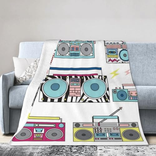 Set of Various Vintage Cassette Players. Retro 80s Reversible Flannel Throw Blanket- Ultra Soft Lightweight for Bed, Sofa, Travel & Camping 60X50