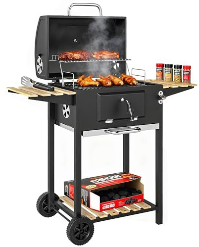 Outsunny Barbecue charbon de bois chariot de cuisson hauteur réglable, barbecue fumoir portable avec couvercle, grille, thermomètre, étagères, roues et décapsuleur, noir