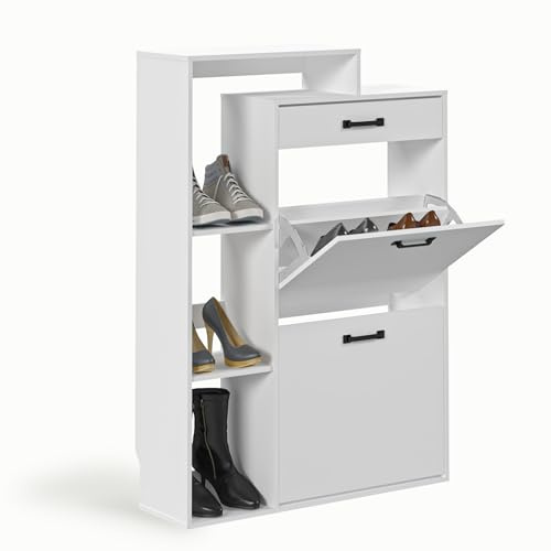 HULANAN Moderner Schuhschrank schmal weiß mit Schublade – platzsparend für Flur & Eingangsbereich
