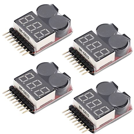 Changor 4 PCS Lipo Battery Voltage Tester Monitor, 2 in 1 1-8S RC Battery Checker with Low Voltage Buzzer Alarm for RC Drone Plastic Electronic Component 40 X 25 X 12mm