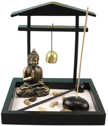 Zen Garden for Desk, Japanese Sitting Buddha Mini Zen Garden Kit with Incense Holder Sand Decorative Stone Accessories, Meditation Sand Tray Kit for Office Home Birthday Mini