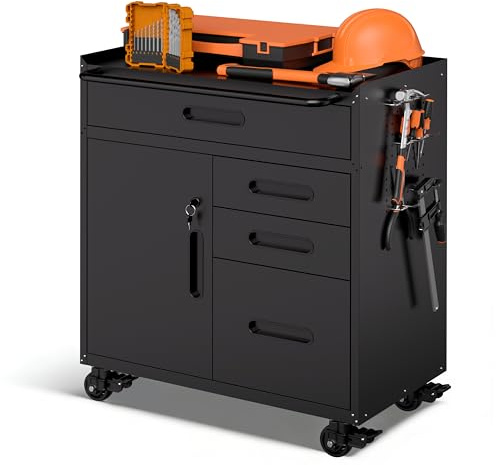VIYET Garage Storage Cabinet,Metal Rolling Tool Cabinet with 2 Pegboard and 10 Hook,Heavy Duty Mechanics Tool Chest Storage for Workshop, Basement,Warehouse,Include Workbench Liner,Black