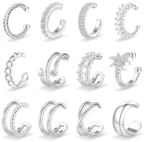 Nelytiya 12Pcs Silber 925 Ear Cuff Set für Damen Ohrmanschette Ohrringe Fake Helix Piercing Earcuffs Set