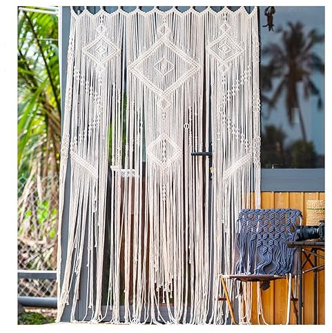 Equeen Handicraft Macrame Curtain for Doorways 77x43 Inches, Boho Diamond Door Curtain for Bedroom Living Room, Handcrafted Bohemian Macrame Room Divider, Wedding Backdrop Decor, Beige