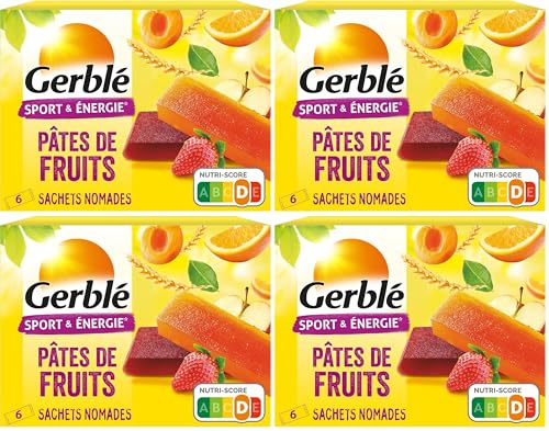 Gerblé Sport & Énergie Pâtes de Fruits – Encas Énergétique Saveurs Pomme-Fraise, Abricot et Orange, Riche en Glucides et Vitamine B1, 6 Portions, 162 g (Lot de 4)