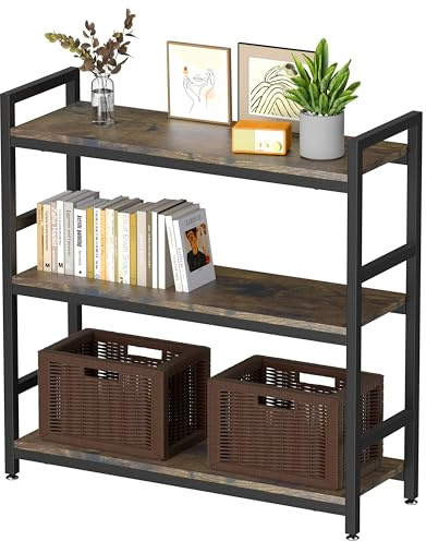 KOSEOO 3-Tier Industrial Bookshelf | Heavy-Duty Open Bookcase with Wood Shelves & Metal Frame | Rustic Brown Storage Shelf for Living Room, Bedroom, Home Office | Vintage Display Rack