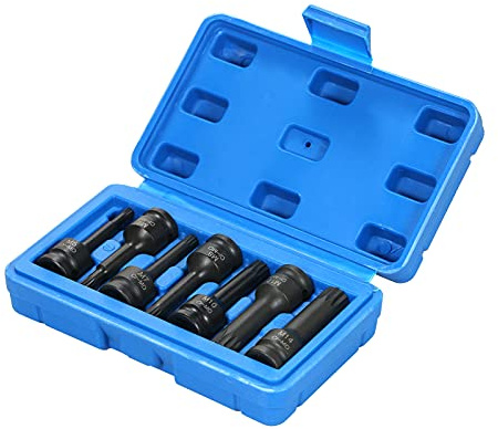ZASCHMOY Juego de Llaves de Vaso de Impacto con Accionamiento de 3/8 de Pulgada, 7 Piezas de Tamaños Métricos 5 Mm, 6 Mm, 7, 8, 10, 12, 14 XZN, Punta Estriada Cuadrada