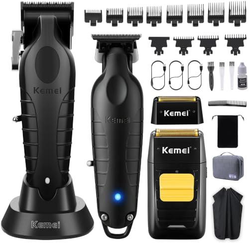 KEMEI set de cortapelos hombre 3 en 1, recortadora de barba inalámbrica | afeitadora eléctrica con cabezas y redes de repuesto, set profesional de barbería para peinado y barba caseros en casa