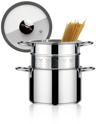 Inoxriv, Milano Pentola Cuocipasta, Pastaiola in Acciaio Inox 18/10 con Cestello Scolapasta e Coperchio in Vetro, Diametro 22 cm, Tutti i Piani Cottura, Made in Italy