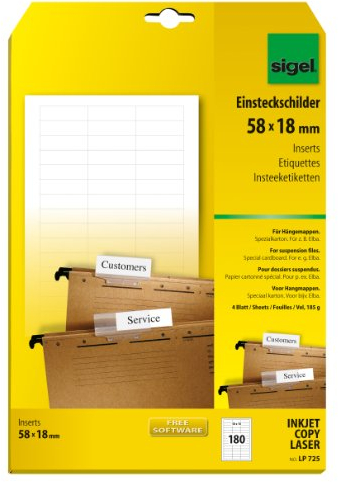 SIGEL LP725 Blankoschilder für Hängeregistratur weiß (A4, 180 Stück, 58x18 mm) für Elba, Beschriftungsschilder, mit ultra-feiner Mikroperforation