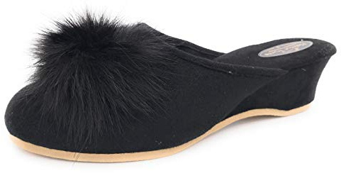 Damen Pantolette schwarz mit Pelzpompon Hausschuhe Trunte Schuhe