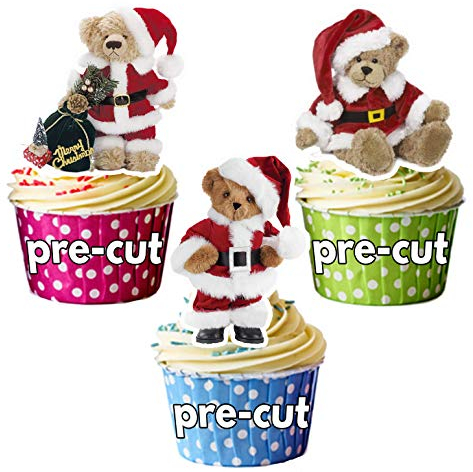 AK Giftshop Teddy Bear Santa Mix 12 Christmas Cup Cake Toppers - Edible Stand Up Decorations