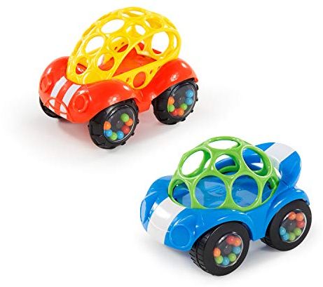 Bright Starts, Oball, Spielzeugauto mit Rassel, Motorikspielzeug für Babys und Kleinkinder ab 3 monaten, 1 Stück, Zufälliger Farbe blau oder rot