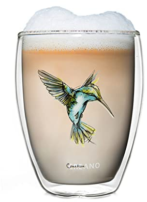Creano Vaso Térmico Hummi, Vaso de Té de doble Pared, Vaso con Impresión Pajaro, Café con Leche, Taza Térmica Colibri | 250ml en Caja de Regalo, Azul