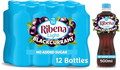 Ribena Blackcurrant Juice Drink No Added Sugar 500ml - Multipack of 12 | Real British Blackcurrants | Rich in Vitamin C | No Artificial Colours | Low Calorie |100% Recycled Plastic Bottle