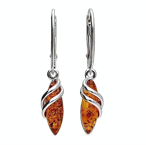 Boucles d'oreilles pendantes en forme de goutte d'eau de la Baltique Miel Orange ambre de la Baltique en argent sterling pour femmes filles – Boucles d'oreilles fantaisie Art déco 070346, Argent