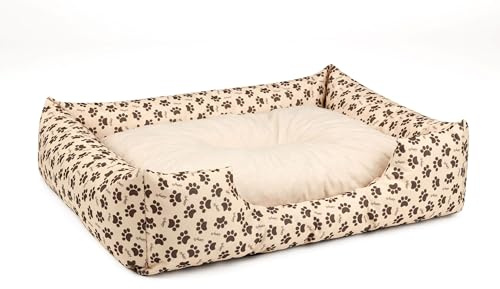 BedDog Hundebett Mimi, Hundesofa aus Cordura, Microfaser-Velours, waschbares Hundebett Vier-eckig mit Rand, Hundekissen für drinnen, draußen, S, beige mit Pfoten