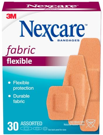 Nexcare Heavy Duty Flexible Fabric Adhesive Bandages, Assorted Sizes – Durable Breathable Woven Bandages for Knees & Elbows, 30 Count (Latex-Free)