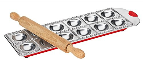 KÜCHENPROFI Raviolibrett 12er, Nudelform aus Aluminium, inkl. Holzrolle | Pastaform aus Aluminium, für gleichmäßige Ravioli, inklusive Holzteigrolle, 12 Portionen, mit Bedienungsanleitung