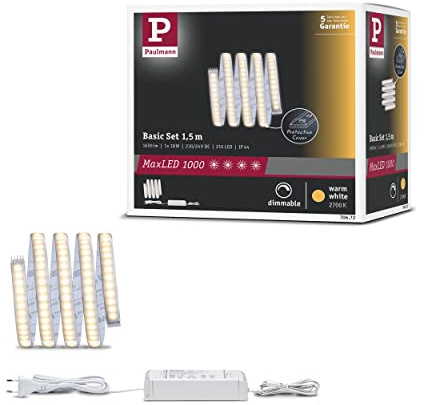 Paulmann 70672 LED Stripe MaxLED 1000 Basisset 15 m 2700 K Warmweiß Lichtband beschichtet Lichtstreifen 20W 1650 lm 216 LED 230/24 V 60 VA