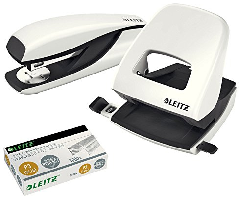 Leitz 5008 NeXXt Series Bürolocher, Metall, bis zu 30 Blatt/Kombi-Set mit Heftgerät + 1000 Klammern extra (Perlweiß)
