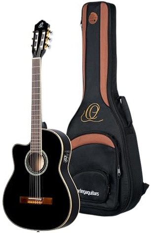 Ortega Guitars Family Pro Linkshänder E-Akustik Gitarre - Fichte, RCE145LBK | 4/4 Nylonsaitengitarre, massive Engelmann-Fichtendecke & Thinline Mahagoni-Korpus in Hochglanz, slim neck, inkl. Pro-Gigbag
