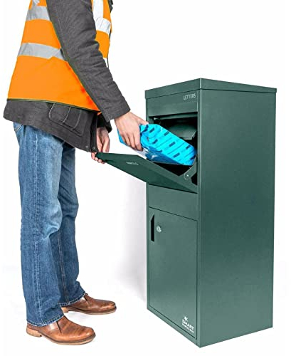 SMART PARCEL BOX XXL Paketbox für draußen, Paketbriefkasten zum Einbauen, zur Wandmontage oder freistehend, Entnahme hinten & vorne, rostfreier Stahl, grün