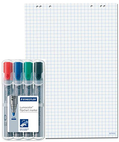 Herlitz Flipchartblock, 68x99cm (kariert/gelocht), 5 Blöcke (20 Blatt je Block) 4er Qualiätsmarker Set