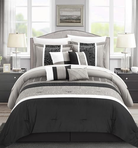 Chic Home Euphoria 8-Piece Embroidered Comforter Set Embroidery Pintuck Bedding with Bed Skirt and Decorative Pillows Shams, Queen Black White