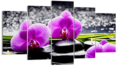 Wandbilder Dekoration Wohnzimmer Orchidee Natur Wasser Blume Bilder auf Leinwand 160x85cm Leinwandbild Schlafzimmer Set 5 teilige Wand Kunstdruck Art Groß XXL Wanddeko Bild Canvas EA160x85-2658