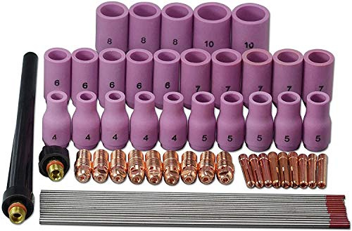 RIVERWELD TIG-Spannzangenkörper, Aluminiumoxid-Düsen, Keramikbecher, 13N-Serie, 2% Thoriumhaltige Wolframelektroden Sortiment in verschiedenen Größen für SR WP 9 20 25 WIG-Schweißbrenner, 60 Stück