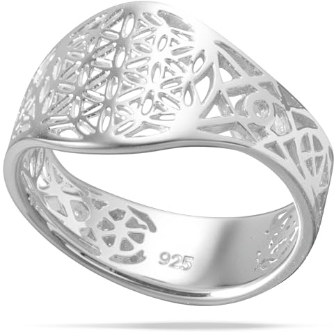 Vinani Damenring, 925 Sterling Silber – offener Ring mit Lebensblume-Mandala, polierte und glänzende Oberfläche, handgefertigter zeitloser Schmuck für Frauen