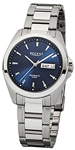 REGENT Herren-Armbanduhr Silber Analog F-526 Edelstahl-Armband URF526 Analoguhr