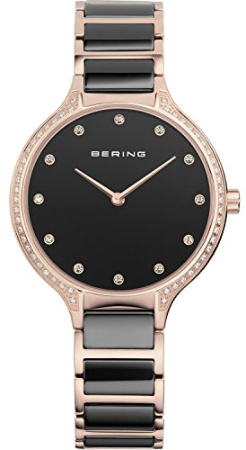 BERING Damen Quarz Uhr | Armbanduhr 34 mm Edelstahlgehäuse und Zifferblatt | Edelstahlband mit Keramikelementen | 3 ATM | 30434