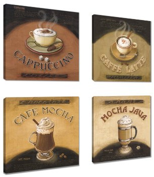 Visario Leinwandbilder Kaffee Motiv 4er Set je 20x20 cm 6903 Braun Beige Coffee Küchenbild Wandbild Modern Fertig auf Holzrahmen Aufgespannt Leinwand Kunstdruck Wanddekoration Wohnzimmer Küche Büro