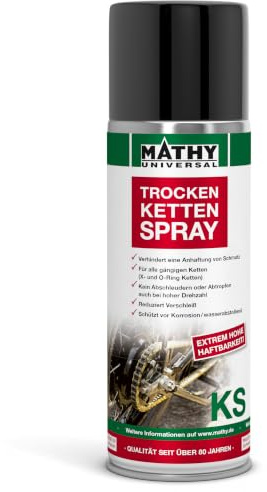 MATHY-KS Trockenkettenspray, 400 ml, Allwetter Universal Kettenspray | Haftschmierstoff zum Schutz & Pflege von Motorrad- und Fahrradketten, Staub- und Wasserabweisend, Korrosionsschutz