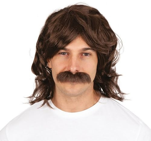 P'TIT CLOWN - 96015 - Perruque Années 70's, 80's avec Moustache - 70's, 80's Wig - Parfait pour Carnaval, Fêtes à Thèmes, Soirées Costumées, Soirées Costumées - Cheveux Synthétiques - Adulte - Brun