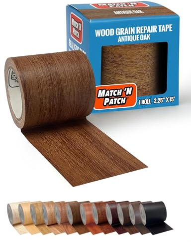 MATCH 'N PATCH Wood Grain Repair Tape - Antique Oak, 2.25 in x 15 ft (1-Pack) – Wood Grain Colored Duct Tape for Mirror Frame, Trim, Borders, Floor and Other Furniture, Scratch Repair Kit