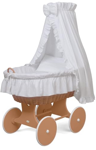 waldin Culla con cappotta, Culla con ruote XXL, telaio/ruote laccato,colore tessile bianco