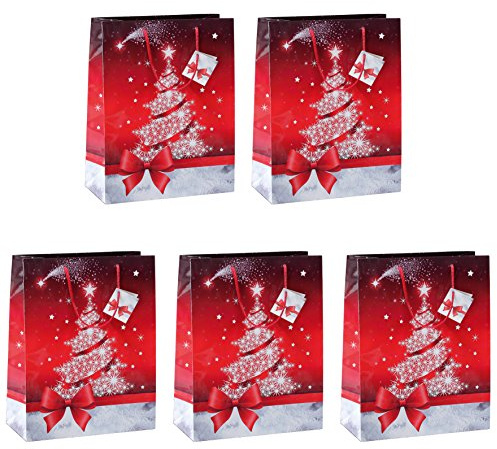 SIGEL Papier Geschenktüten groß Sparkling Tree 33 x 26 cm 5er Set | GT022/5, Rote Weihnachtstaschen für Geschenke und Präsente