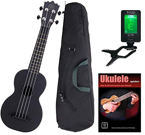 Classic Cantabile BeachBuddy Blackbird Ukulele Set inkl. Tuner und Schule | Classic Cantabile Sopran-Ukulele, Trotzt Feuchtigkeit und Temperaturschwankungen, Sopran Mensur, 12 Bünde, Gewicht: nur 425g