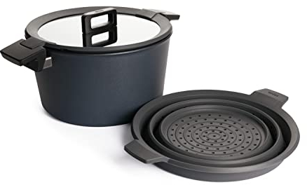 Woll Concept Plus Kochtopf mit Deckel und multifunktionalem Silikoneinsatz-Induktiv, Ø 28 cm, 15,5 cm hoch, 7,5l-Geeignet für alle Herdarten, Aluminium, backofenfest bis zu 250°, anthrazit