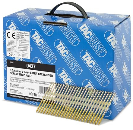 Tacwise 0437 Extra Galvanised Framing Nails 3.3 / 65 mm, Round Head, Screw Shank, 22° Inclined, Plastic Collated, Pack of 3000
