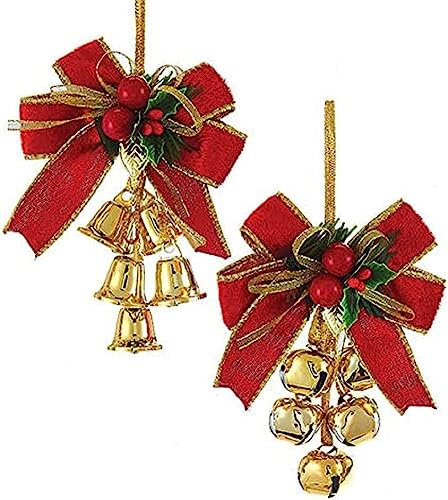 Red and Gold Bow With Bells Ornaments, 2 Assorted