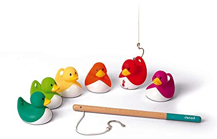Janod - Juego de Pesca - Patos Ducky Multicolor - 6 Patos + 2 Cañas de Pescar Para Llevar a Todas Partes - Para Jugar En El Baño y En Exteriores - A Partir de 2 Años - J03246
