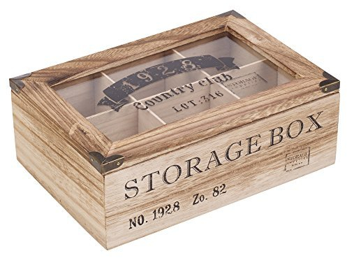 EG Homeware Wooden Tea Storage Box Glass Lid- Choice of 6 or 9 Compartements (6 Compartments)