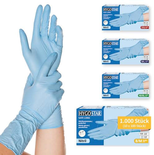 FRANZ MENSCH 1000 Stück Hygostar Nitrilhandschuhe Safe Long | puderfrei, Karton, blau, 8/M, L: 30cm, Einweghandschuhe, Nitrilhandschuhe, Untersuchungshandschuhe
