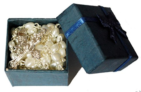 Rosenkranz mit weißem Herz, Navy-blau, in Geschenkbox Ideal für Geburtstag, Vatertag, Weihnachten, Baby-Dusche, Andenken, Jahrestag, Taufe, Konfirmation oder jedem anderen, besonderen Anlass.